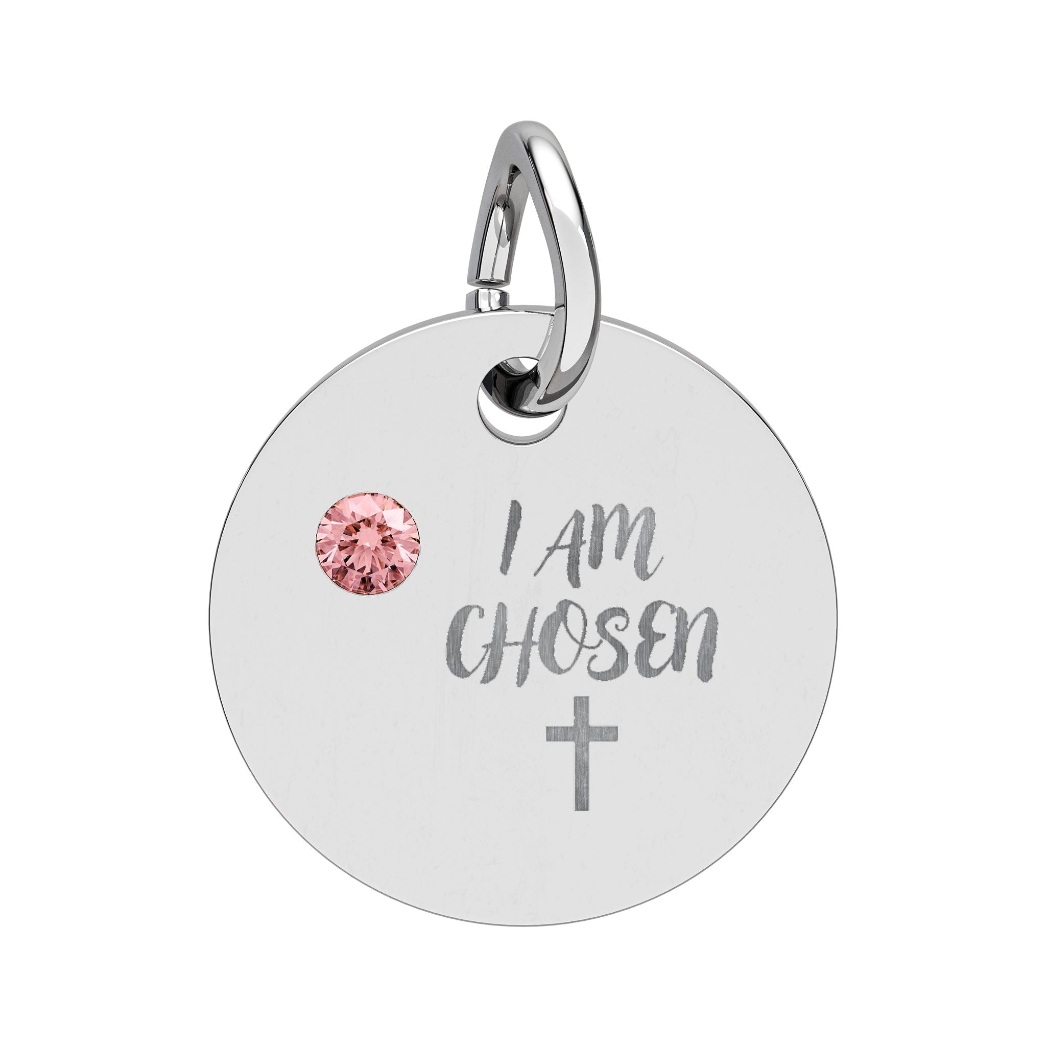 I Am Chosen Birthstone Circle Charm — Engraved Christian Cross Pendant