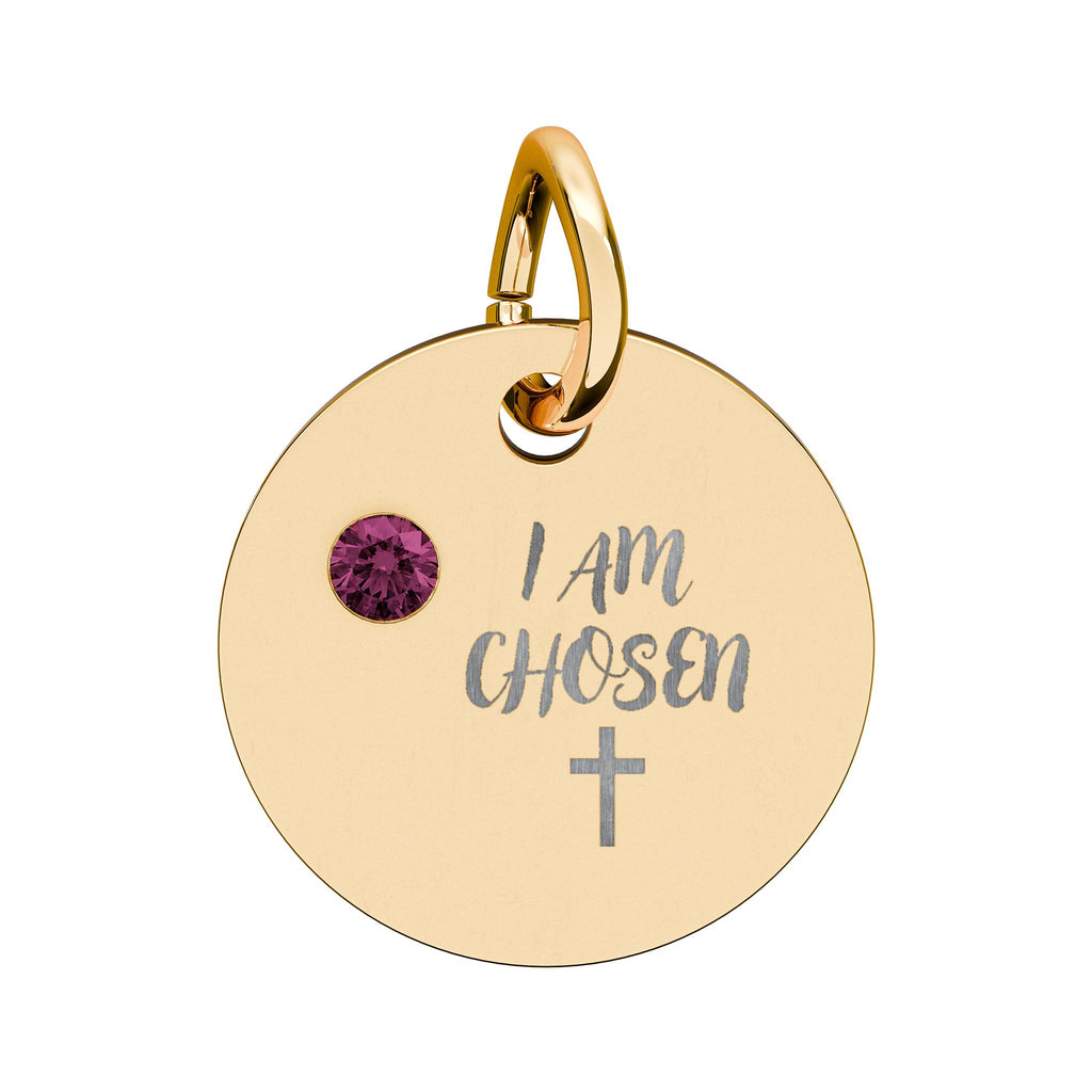 I Am Chosen Birthstone Circle Charm — Engraved Christian Cross Pendant