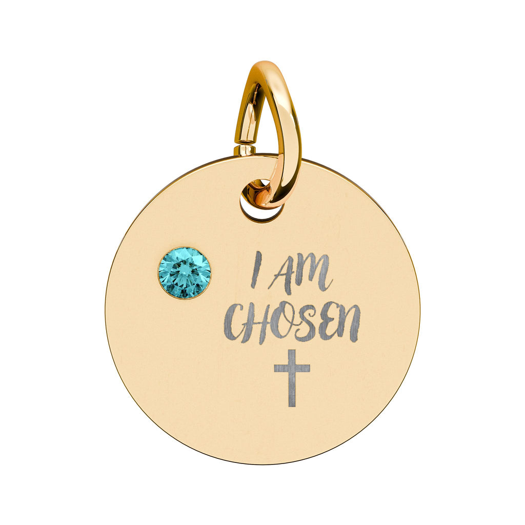 I Am Chosen Birthstone Circle Charm — Engraved Christian Cross Pendant