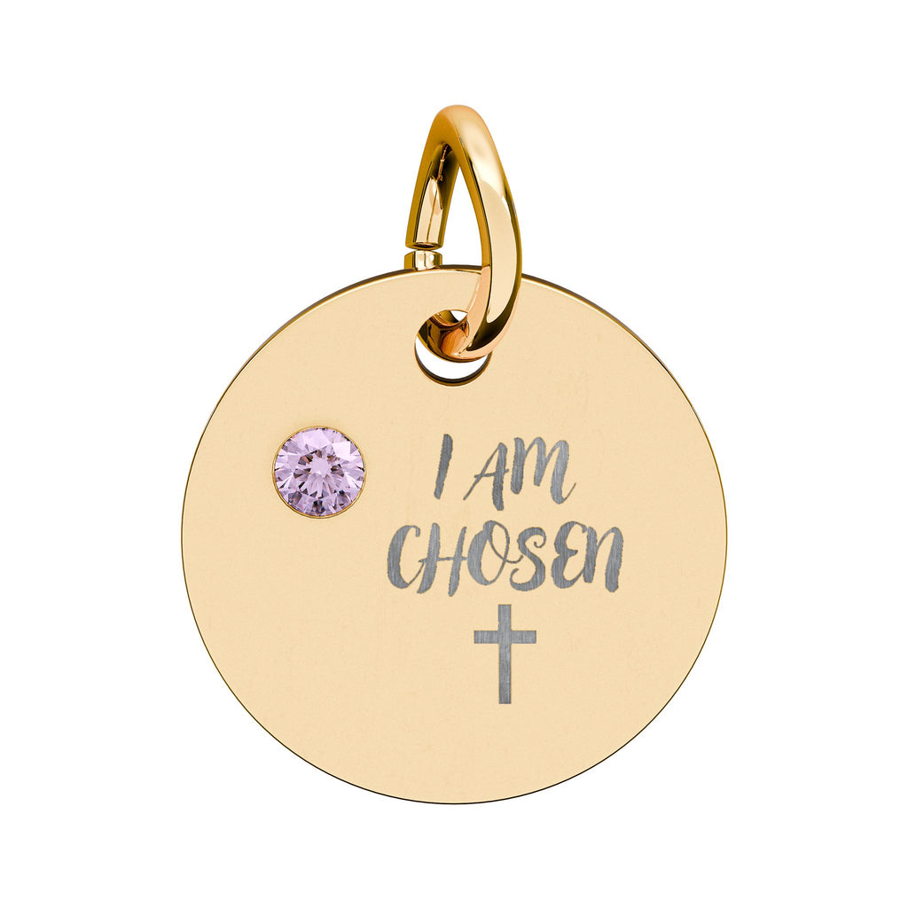 I Am Chosen Birthstone Circle Charm — Engraved Christian Cross Pendant