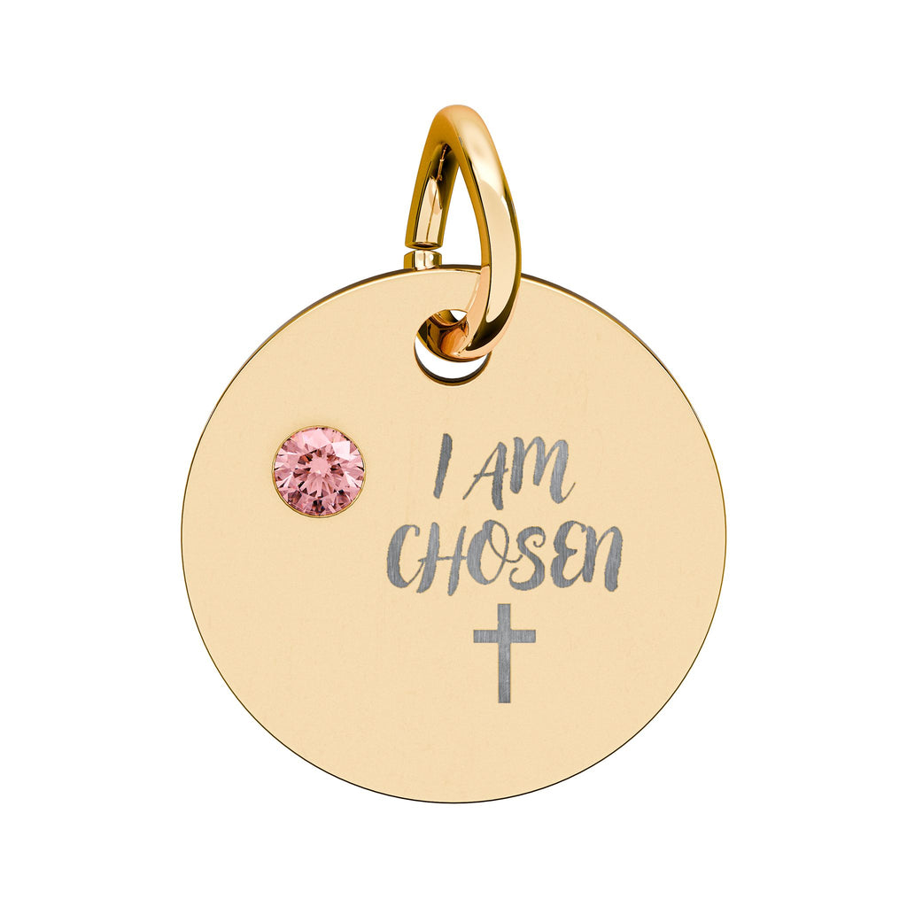 I Am Chosen Birthstone Circle Charm — Engraved Christian Cross Pendant