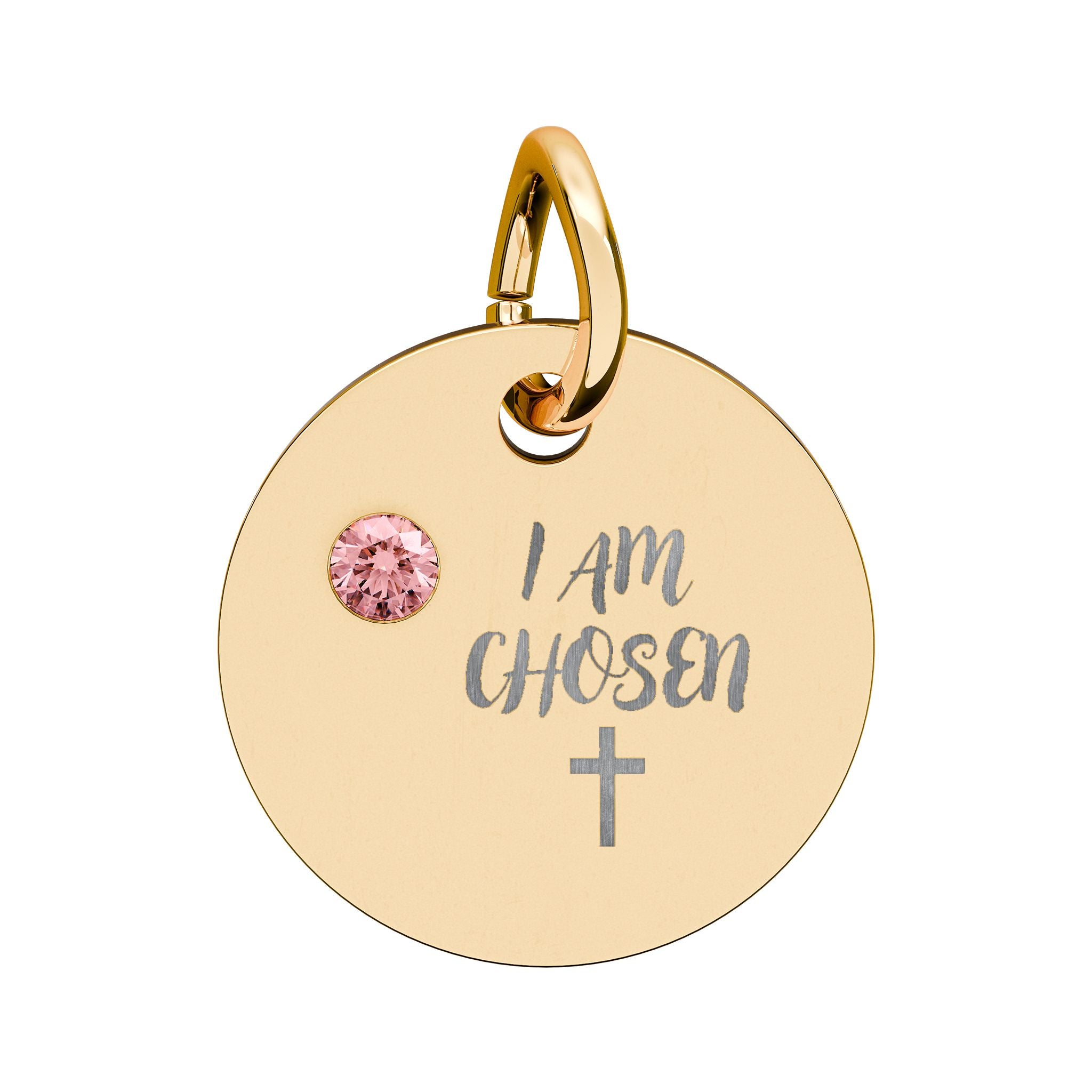 I Am Chosen Birthstone Circle Charm — Engraved Christian Cross Pendant