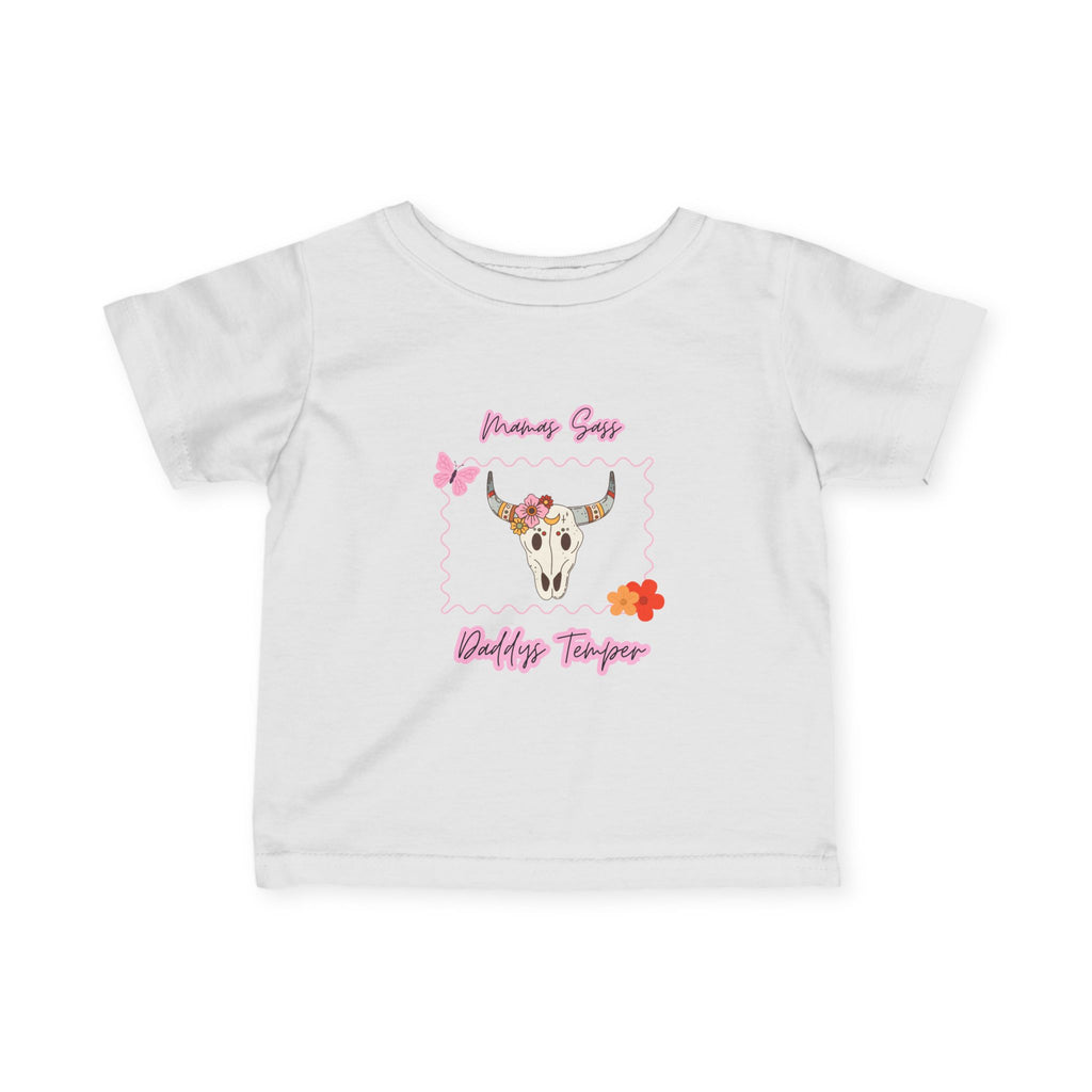 Infant Tee — Floral Cow Skull "Mama Says Dad Has Temper" Baby Shirt