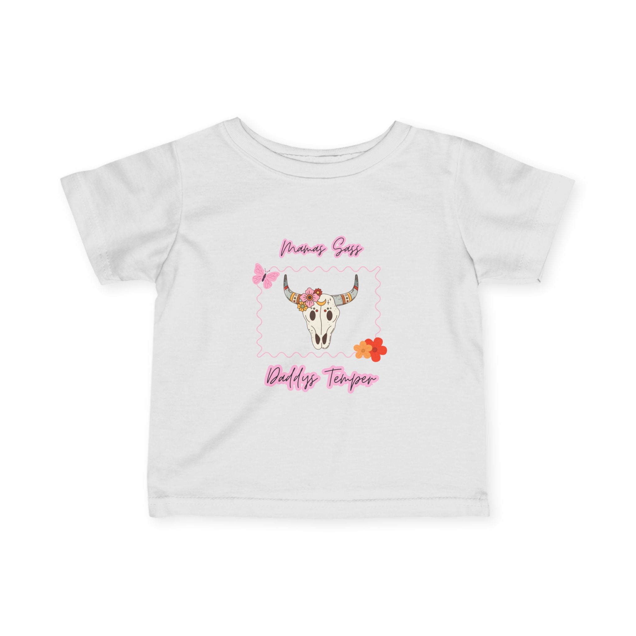 Infant Tee — Floral Cow Skull "Mama Says Dad Has Temper" Baby Shirt
