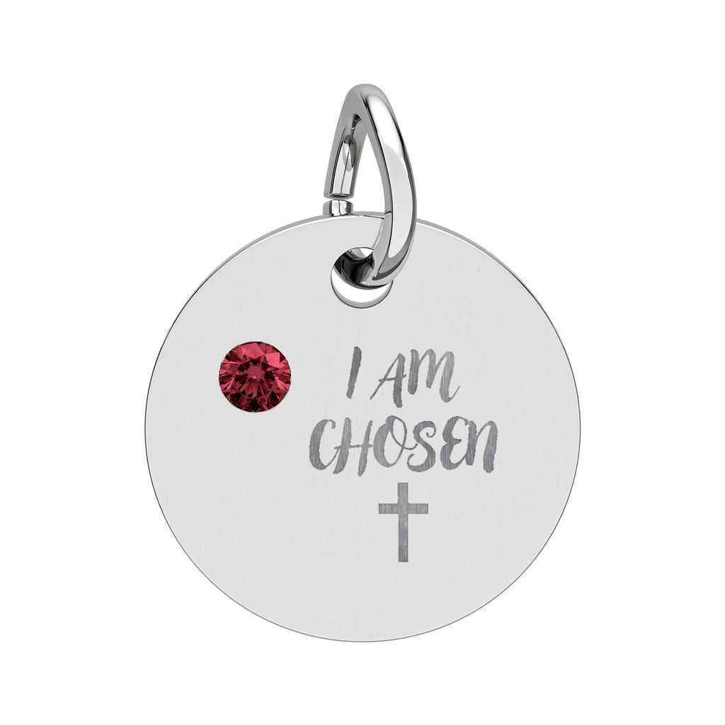 I Am Chosen Birthstone Circle Charm — Engraved Christian Cross Pendant