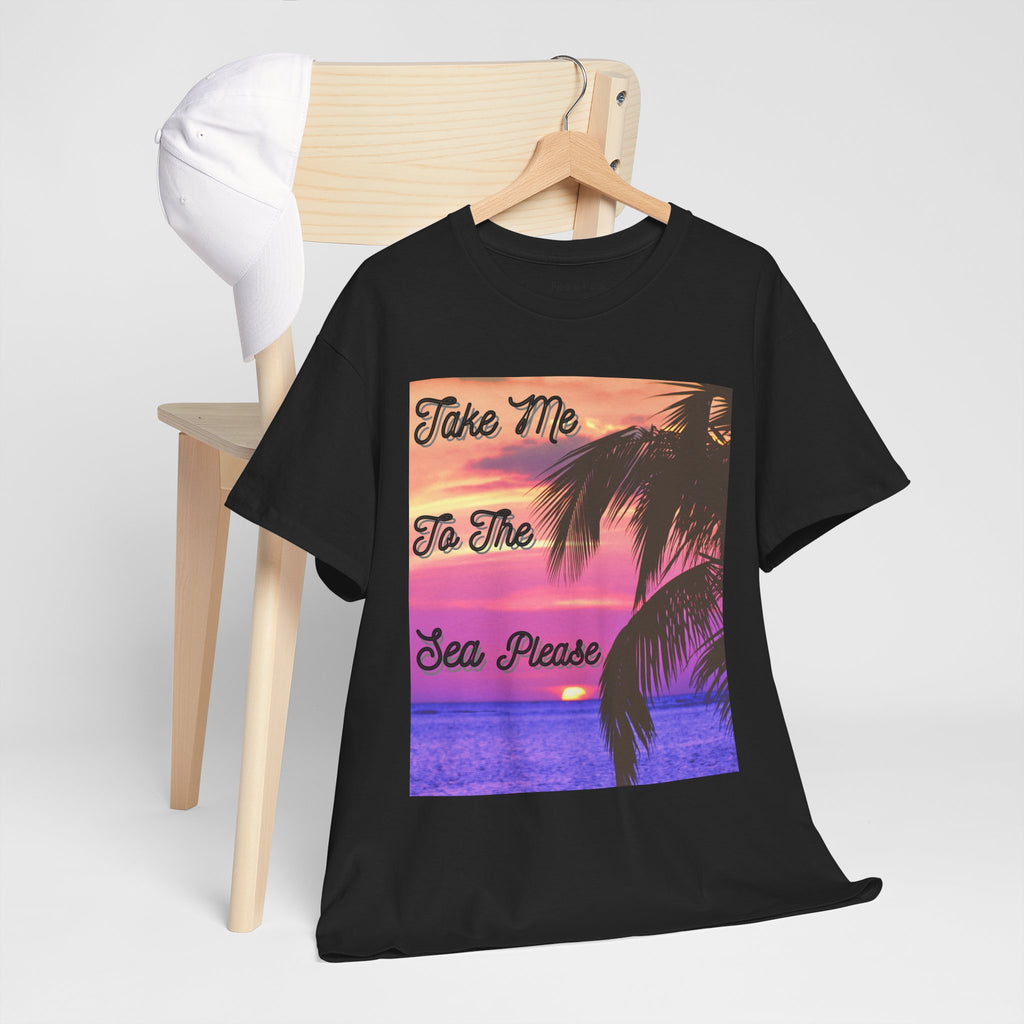 Beach Sunset Tee — "Take Me To The Sea Please" Palm Tree Graphic Shirt
