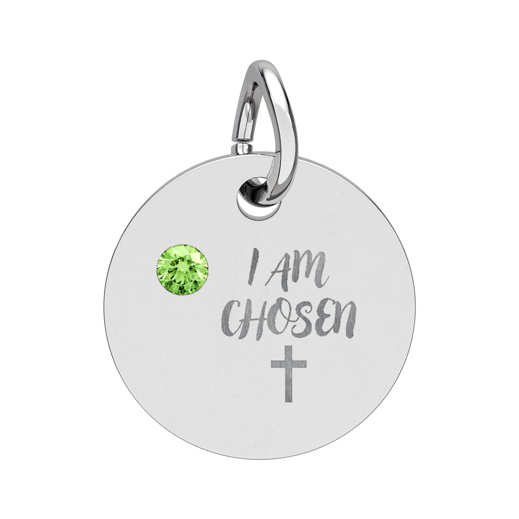 I Am Chosen Birthstone Circle Charm — Engraved Christian Cross Pendant