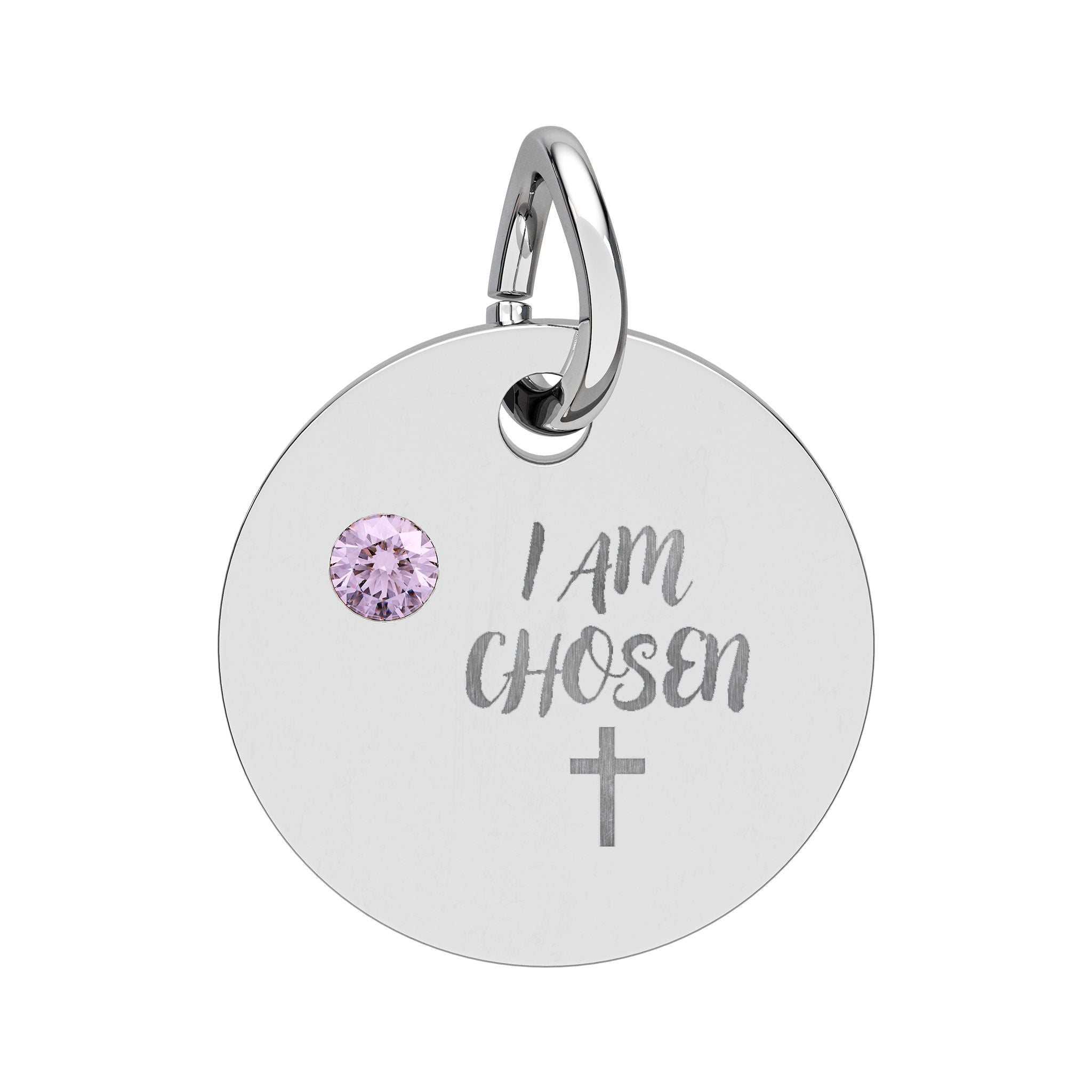 I Am Chosen Birthstone Circle Charm — Engraved Christian Cross Pendant