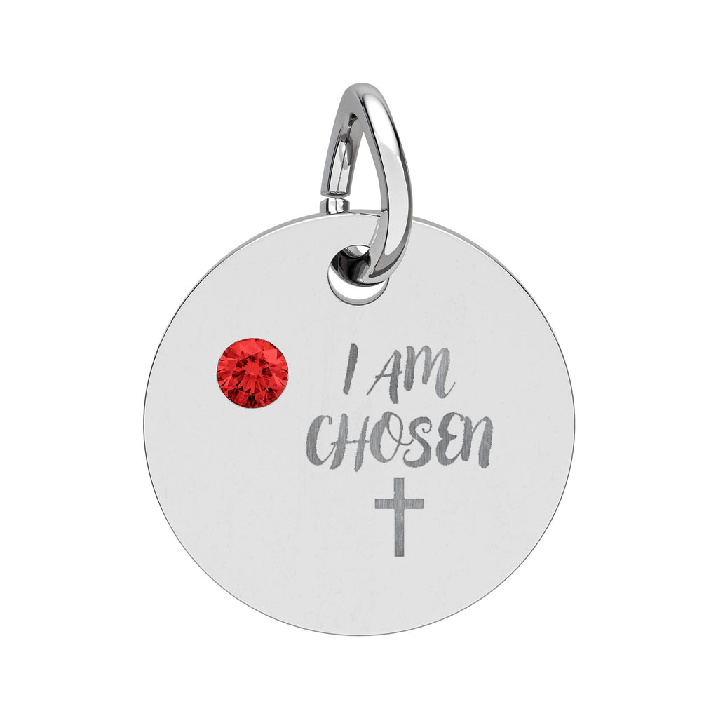 I Am Chosen Birthstone Circle Charm — Engraved Christian Cross Pendant