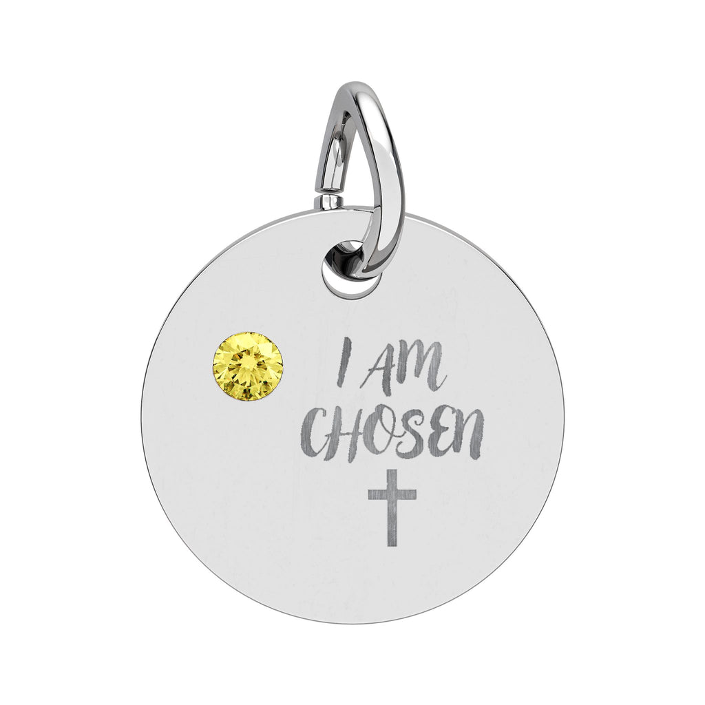 I Am Chosen Birthstone Circle Charm — Engraved Christian Cross Pendant