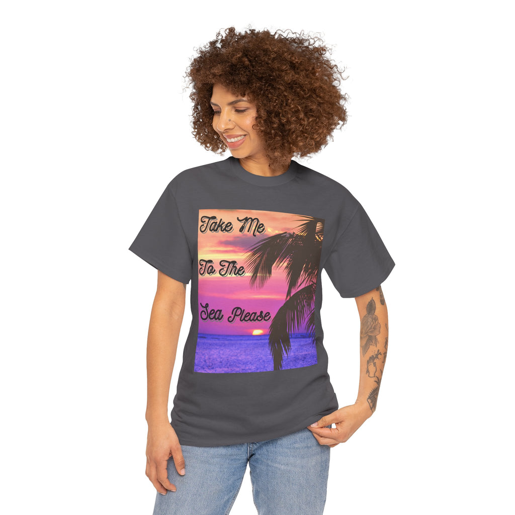 Beach Sunset Tee — "Take Me To The Sea Please" Palm Tree Graphic Shirt