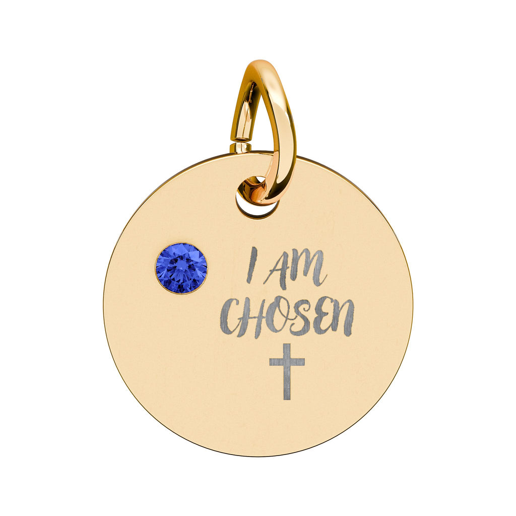 I Am Chosen Birthstone Circle Charm — Engraved Christian Cross Pendant