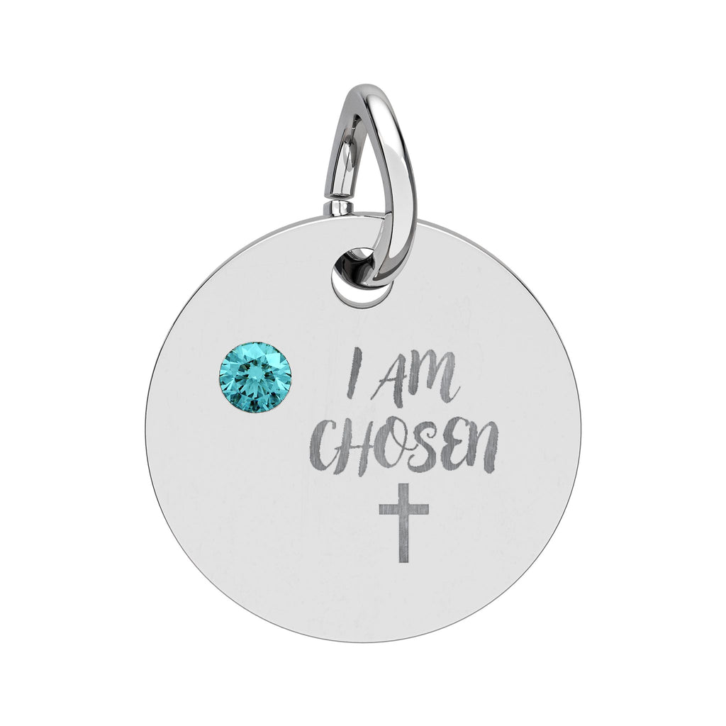 I Am Chosen Birthstone Circle Charm — Engraved Christian Cross Pendant