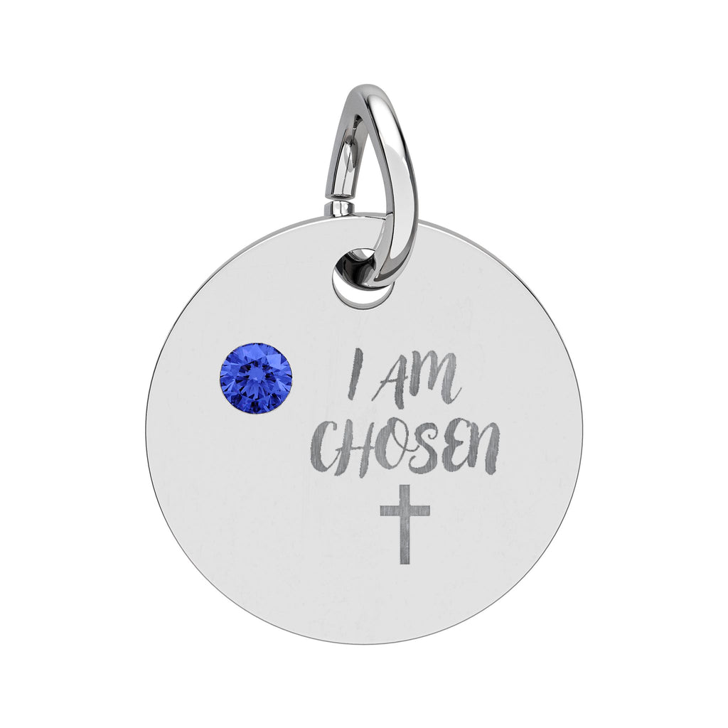 I Am Chosen Birthstone Circle Charm — Engraved Christian Cross Pendant