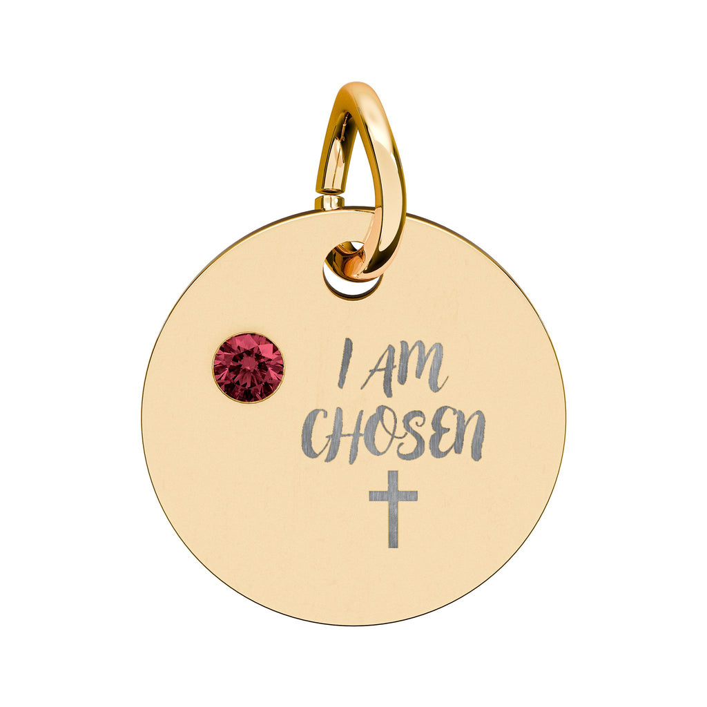 I Am Chosen Birthstone Circle Charm — Engraved Christian Cross Pendant