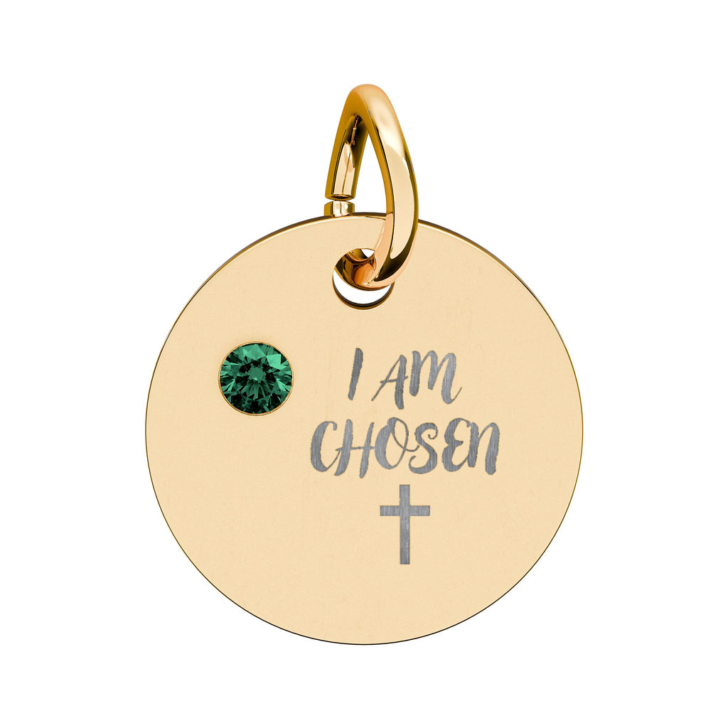 I Am Chosen Birthstone Circle Charm — Engraved Christian Cross Pendant