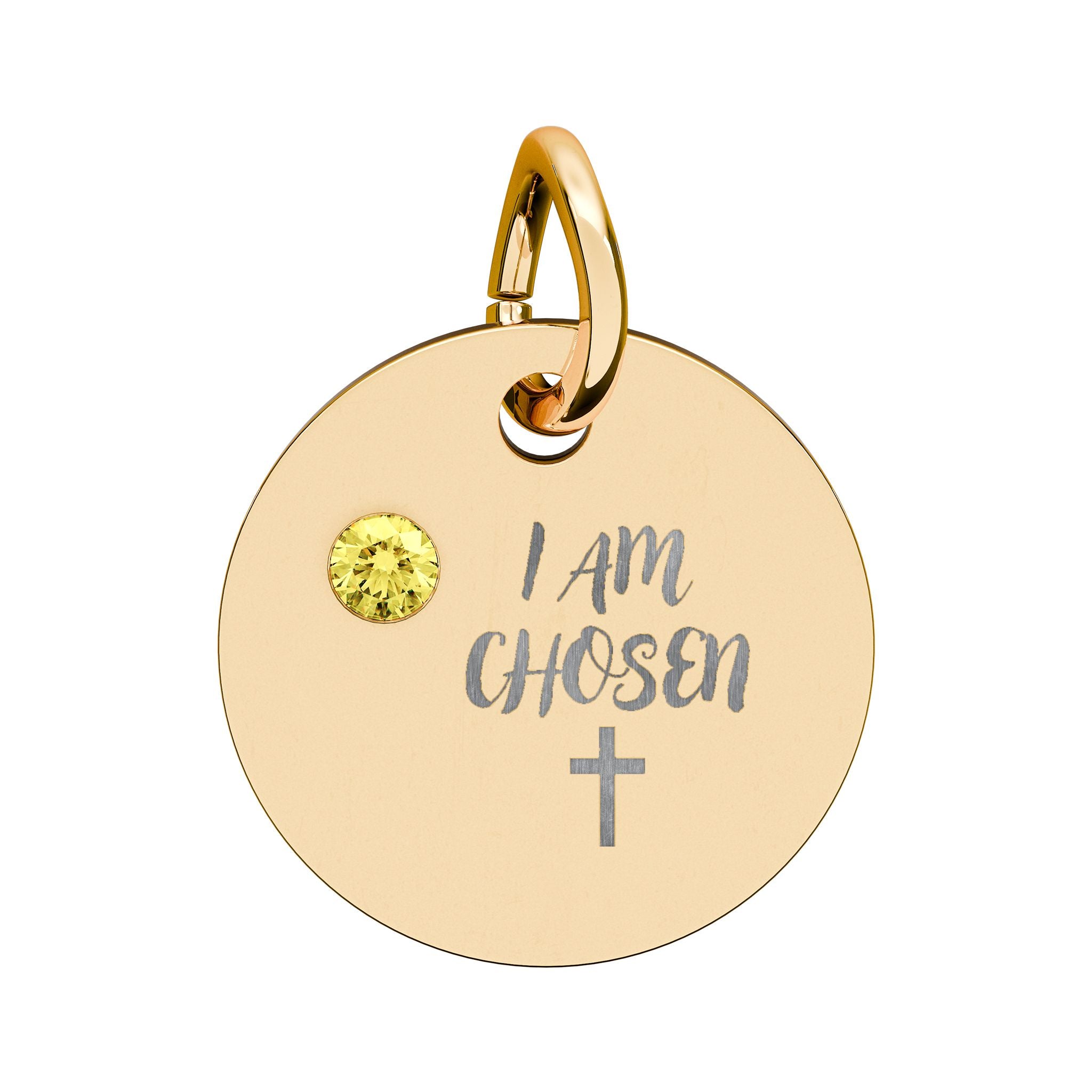 I Am Chosen Birthstone Circle Charm — Engraved Christian Cross Pendant
